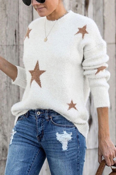 Cozy Womens Star Print Crew Neck Long Sleeve Relaxed Eyelash Sweater Top