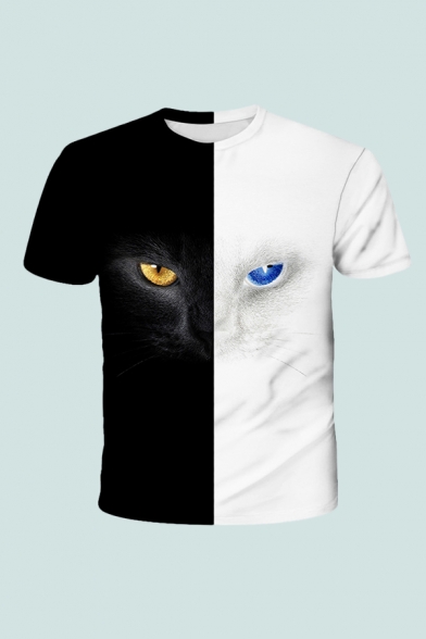 Creative T-Shirt 3D Cat Eye Colorblock Pattern Short Sleeve Round Neck Regular Fit T-Shirt for Men