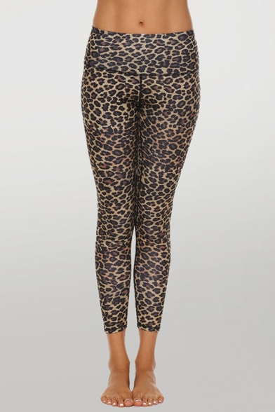 Dainty Leggings Animal Leopard Print Top-stitching Mid-rise Skinny Cropped Regular Leggings for Women