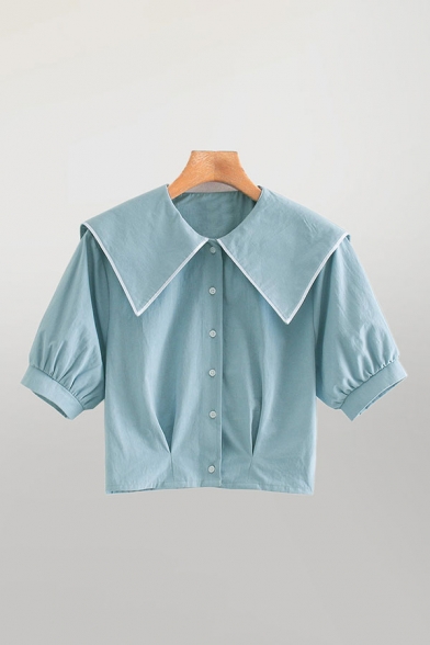 Fancy Blue Short Sleeve Sailor Collar Button Up Regular Fit Crop Blouse Top for Ladies