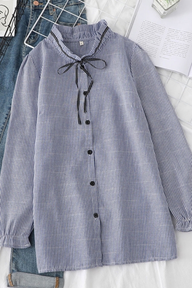 Fashion Womens Stripe Printed Long Sleeve Bow Tied Collarless Button Up Relaxed Fitted Shirt in Blue