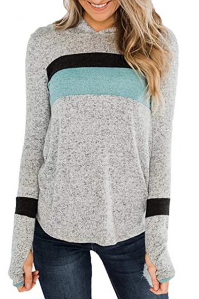 Fashionable Striped Color Block Curved Hem Finger Hole Long Sleeve Regular Fit Hooded Sweatshirt