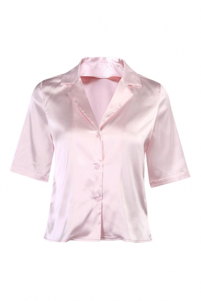 

Formal Ladies Satin Short Sleeve Lapel Neck Button-up Relaxed Plain Shirt Top, Pink;apricot, LM667007