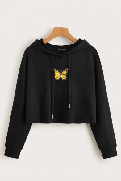 Ladies Fashionable Butterfly Print Drawstring Long Sleeve Relaxed Fit Crop Hooded Sweatshirt