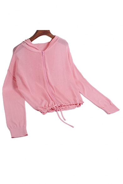 Ladies Trendy Plain Knitted Sheer Zipper Up Drawstring Hem Long Sleeve Hooded Sweater Top