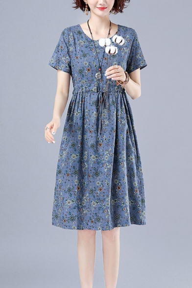 Leisure Womens Ditsy Floral Printed Drawstring Waist Crew Neck Short Sleeve Cotton Linen Midi A-Line Dress