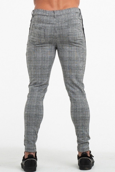 Men's Hot Fashion Plaid Pattern Tape Side Grey Casual Skinny Pencil Pants