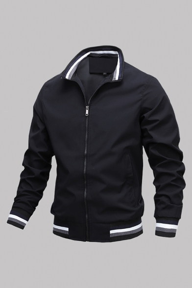 Men's Trendy Jacket Horizontal Stripe Print Zip Placket Long Sleeves Mock Neck Pockets Contrast Trim Regular Fit Sporty Jacket