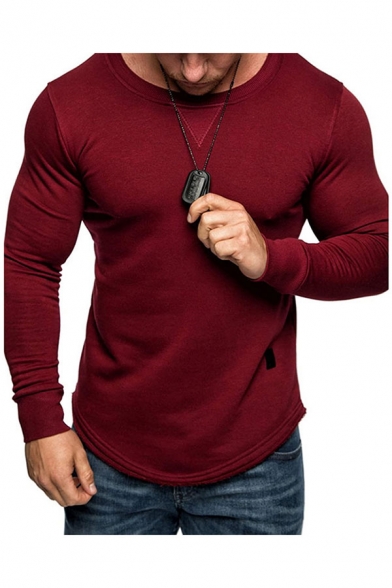 Men's Trendy T-Shirt Plain Crew Neck Patched Detail Contrast Trim Long-sleeved Curved Hem Slim T-Shirt
