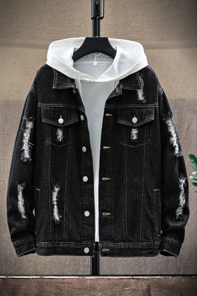 Mens Fashion Jacket Acid Wash Spread Collar Multi Pockets Button Placket Long-sleeved Regular Fit Denim Jacket