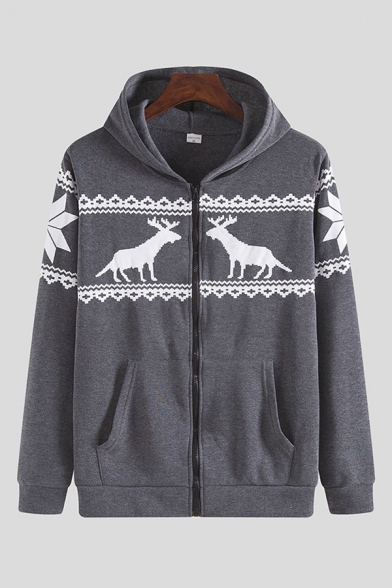 Mens Hooded Sweatshirt Casual Deer Heart Chevron Pattern Cuffed Zipper up Long Sleeve Regular Fit Hooded Sweatshirt