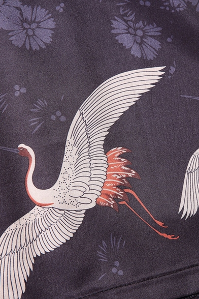 Mens Jacket Creative Crane Floral Printed Cardigan Loose Fitted 3/4 Sleeve Kimono Jacket