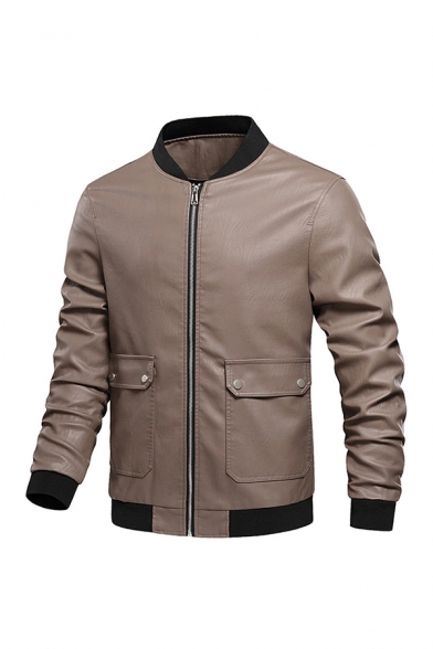 Mens Jacket Creative Flap Pockets Rib Trim Zipper Detail Stand Collar Slim Fitted Long Sleeve Leather Jacket