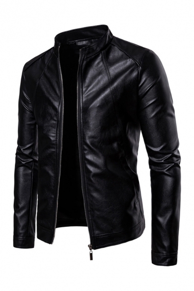 Mens Jacket Creative Plain Zipper down Stand Collar Long Sleeve Slim Fitted Leather Jacket