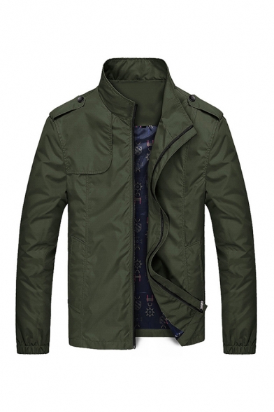 Mens Jacket Creative Solid Color Epaulets Zipper up Long Sleeve Mock Neck Regular Fit Casual Jacket