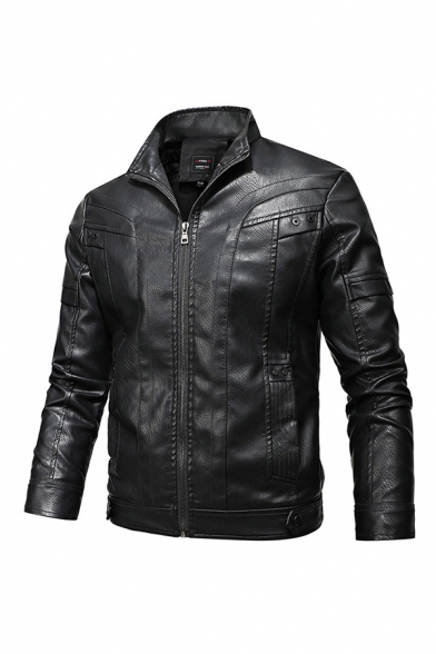 Mens Jacket Fashionable Panel Zipper down Turn-down Collar Long Sleeve Regular Fit Leather Jacket