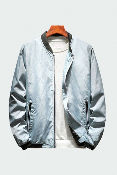 Mens Jacket Fashionable Rhombus Abstract Line Pattern Zipper down Stand Collar Long Sleeve Regular Fit Varsity Jacket