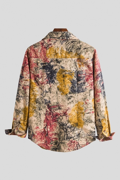 Mens Shirt Colorful Tree Painting Curved Hem Button up Spread Collar Long Sleeve Relaxed Fit Shirt