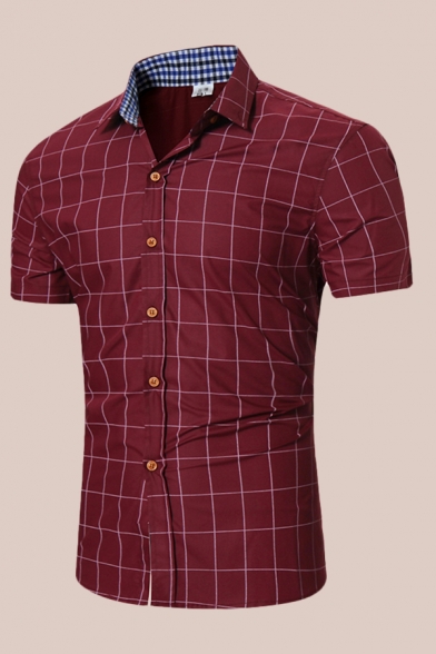 Mens Shirt Fashionable Grid Pattern Panel Turn-down Collar Button-down Slim Fitted Short Sleeve Shirt