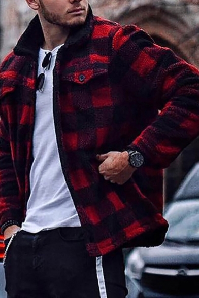 Mens Simple Red and Black Plaid Printed Long Sleeve Single Breasted Woven Loose Jacket Coat