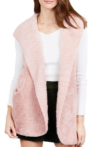 New Trendy Solid Hooded Sleeveless Double-Face Warm Fluffy Vest Coat