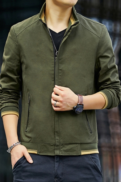 Novelty Mens Jacket Contrast Stripe Trim Zipper-down Long Sleeve Turn-down Collar Slim Fitted Varsity Jacket