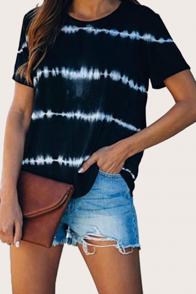 Novelty Womens Striped Tie Dye Crew Neck Short Sleeve Loose Fit Tee Top