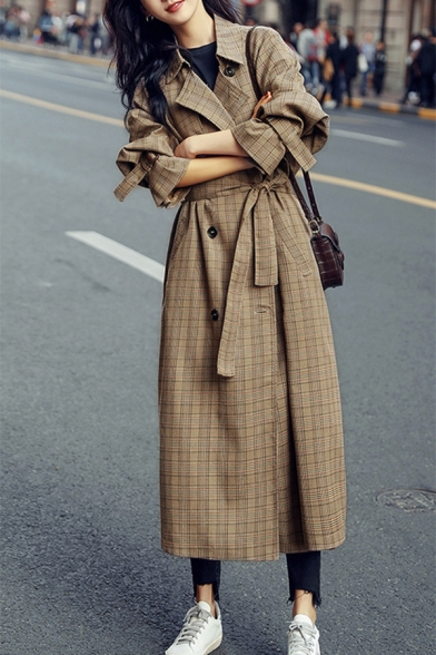 Plaid Printed Notched Lapel Collar Long Sleeve Double Breasted Tie Waist Trench Coat