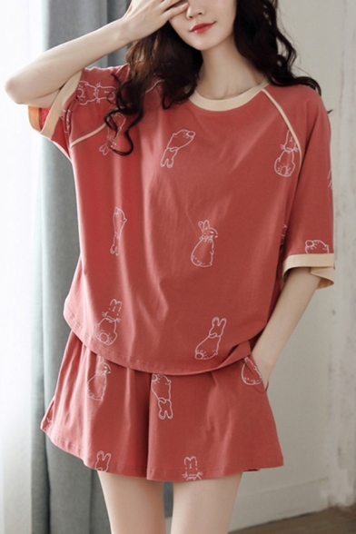 Pop Ladies All Over Printed Contrast Trim Crew Neck Half Sleeve Plus Size Tee Top & Shorts Pajama Set in Red