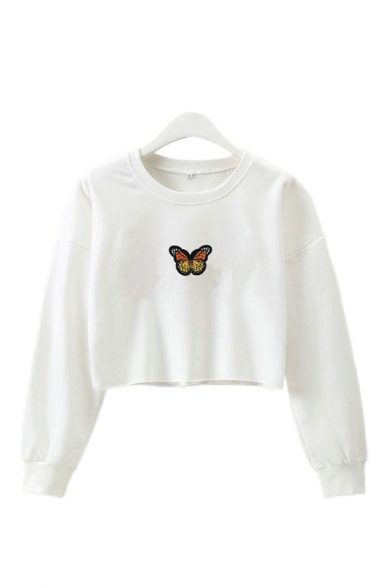 Popular Womens Butterfly Embroidery Long Sleeve Crew Neck Relaxed Fit Crop Pullover Sweatshirt in White