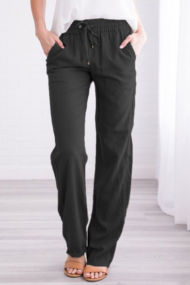 Retro Womens Pants Plain Drawstring Full Length Loose Fit Straight Relaxed Pants