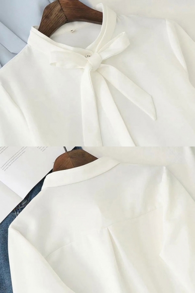 Simple White Chiffon Long Sleeve Bow Tied Neck Button Up Curved Hem Relaxed Shirt for Ladies