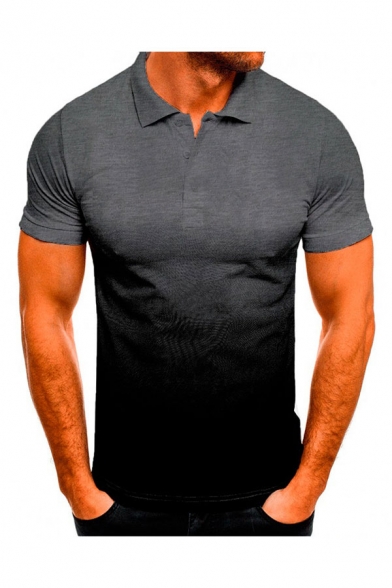 Stylish Men's Polo Shirt Ombre Short-sleeved Spread Collar Button Placket Slim Polo Shirt