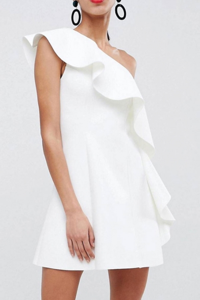 Stylish Womens Plain Backless Ruffled One Shoulder Sleeveless Mini A-Line Dress in White