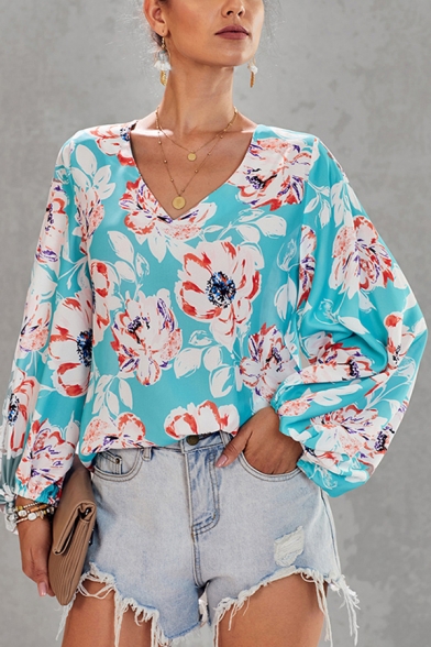 Trendy Womens All over Printed V Neck Bishop Long Sleeve Loose Fit Shirt