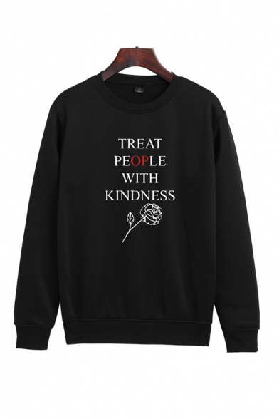 Unique Rose Floral Letter Treat People With Kindness Graphic Printed Crew Neck Long Sleeve Relaxed Fit Pullover Sweatshirt