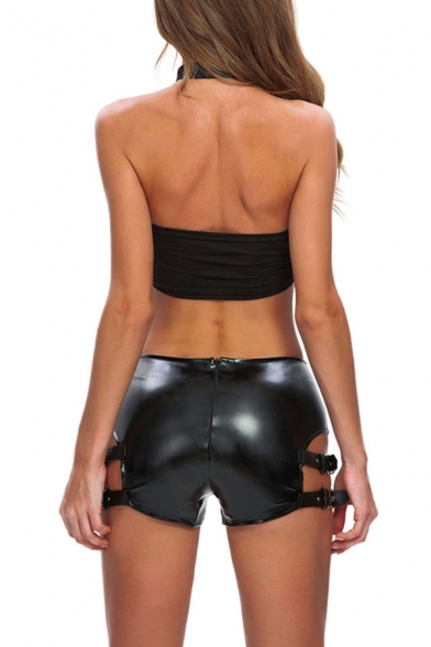Women's Fancy Shorts Patent-leather Patchwork Zip Fly Belt Cut-out Short Mid Rise Slim Fit Shorts