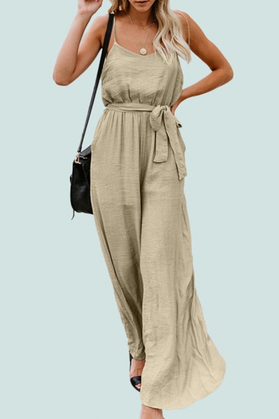 Womens Jumpsuits Trendy Plain Wide Leg Tie-Waist Sleeveless Spaghetti Strap Loose Fitted Jumpsuits