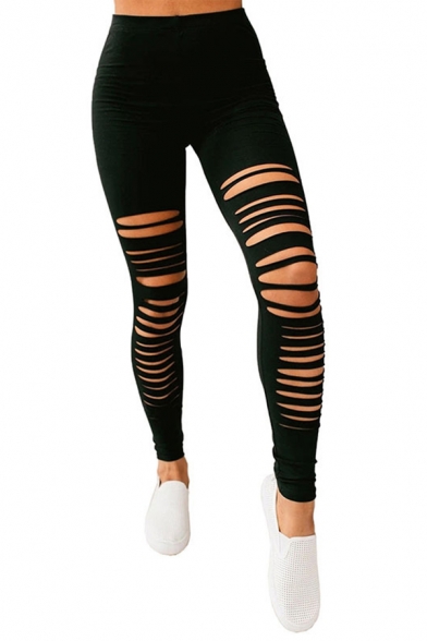 Womens Leggings Black Trendy Solid Color Stretch Broken Hole Ankle ...