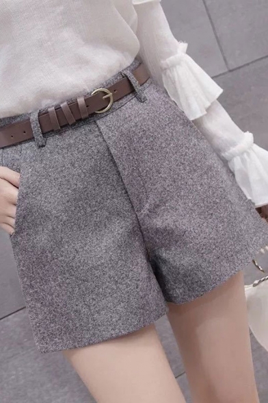 Womens Shorts Fashionable Woolen Cloth Zipper Fly High Rise Regular Fitted Wide Leg Relaxed Shorts with Belt