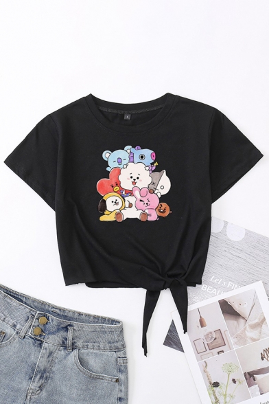 

Womens T-Shirt Creative Cartoon Animal Printed Tie-Waist Loose Fit, Black;pink;white;gray;sky blue, LC690322