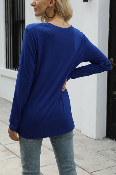 Casual Ladies Solid Color Long Sleeve V-neck Relaxed Fit T Shirt in Blue