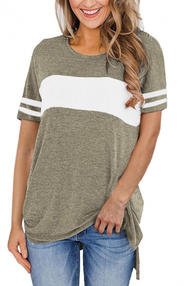 Womens Short Sleeve Raglan T Shirts Tees Loose Fit Crewneck Striped Color Block Casual Tops 