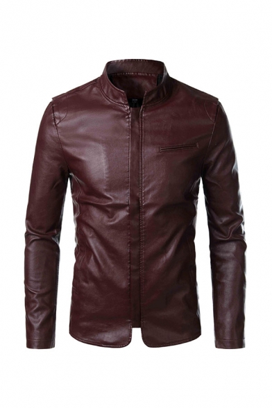 Chic Jacket Solid Color Stand Collar Long-sleeved Zipper Side Split Patched Detail Slim Fitted Leather Jacket for Men