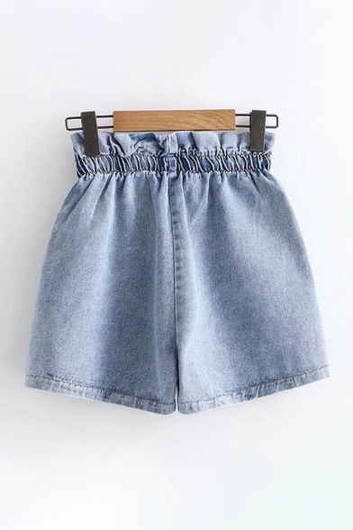Chic Ladies Shorts Light Wash Pocket Drawstring Paperbag Waist High Rise Elastic Regular Fitted Shorts