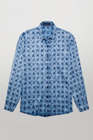 Classic Mens Shirt Plaid Distress Printed Button-down Long Sleeve Spread Collar Loose Fit Shirt