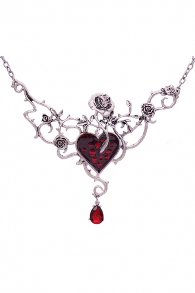 Colorful Floral Embellished Heart Shape Crystal Vintage Necklace