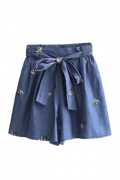Cool Girls Shorts Floral Leaf Embroidery Bow Pocket Pleated High Waist Half Elastic Denim Shorts