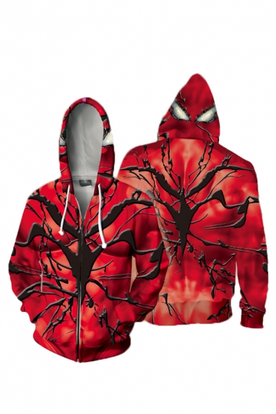 Cool Mens Anime 3D Pattern Long Sleeve Zipper Front Relaxed Fit Cosplay Hoodie in Red