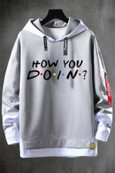 Cool Mens Hooded Sweatshirt Letter How You Doin Printed False Two Pieces Ribbon Detail Drawstring Long Sleeve Regular Fit Hooded Sweatshirt